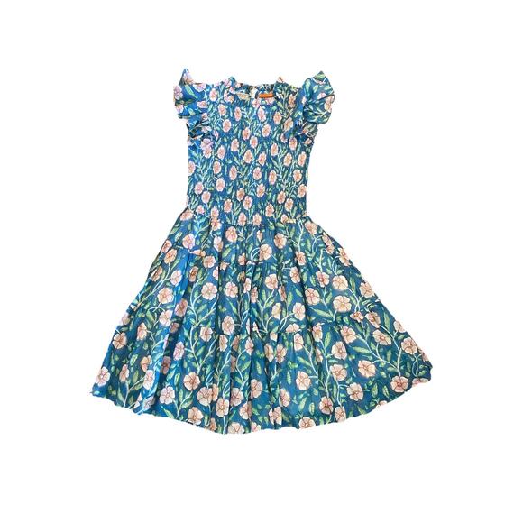Oliphant smocked Cotton Floral Print Flutter Sleeve Dress sz xs Preppy blue pink - Picture 2 of 7